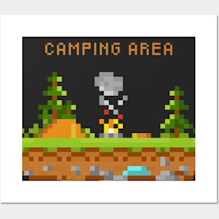 Pixel camping area with campfire Posters and Art